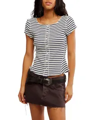 フリーピープル レディース トップス Tシャツ クルーネック リブ キャップ ニット Free People Most Wanted Striped Crew Neck Cap Sleeve Buttのサムネイル