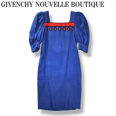 【希少】 80s90s ジバンシー GIVENCHY NOUVELLE BOUTIQUE 半袖 パフスリーブ リネン ワンピース ひざ下丈 ループデザイン装飾 スクエアネック 6 ブルー レディース ♪のサムネイル