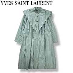 【希少】 70s80s フランス製 イヴサンローラン YVES SAINT LAURENT  foulards ギンガムチェック柄 セーラーカラー風 ギャザー ロング ワンピース ドレス グリーン レディース ♪のサムネイル