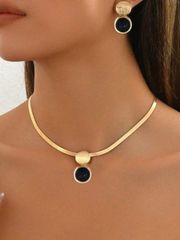 Ladies' Jewelry Set: Elegant Necklace + Earrings 3-Piece Set - Fashionable Gold Flat Snake Chain, Geometric Striped Disc & Fork Pearl Heart Pendant Necklace - Everyday & Festival Accessories