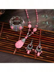 Women's Bohemian Pink and Turquoise Jewelry Set - Delicate Necklace, Earrings, and Bracelet Combination - Fashionable Women's Accessories, Elegant Vintage Design, Perfect for Holidays, Parties, and Dates