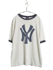 【お得なクーポン配布中!】 00s USA製 ヤンキース プリント リンガー Tシャツ メンズ XL オールド MLB オフィシャル マジェスティック 大リーグ ツートン 大きいサイズ