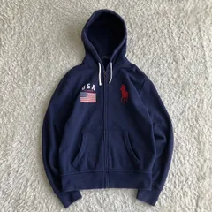 Y2K•短丈 ポロラルフローレン ビッグポニー 星条旗 ジップパーカー 紺 XS POLO RALPH LAUREN ポロラルフローレン ジップパーカー 星条旗 ビッグ