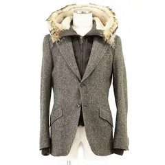 DOLCE&GABBANA ドルチェアンドガッバーナ ジャケット アナグマファーフード サイズ 46 メンズ ロゴ ミリタリー ブルゾン ドッキング テーラード 2B ヘリンボーン フーデッド アウター ブラウン系 茶色 イタリア製のサムネイル
