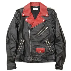 【未使用】SAINT LAURENT PARIS サンローランパリ モーターサイクルジャケット サイズ 48 メンズ 2015年製 カウレザー ダブルライダース スタッズ パンク ダイナソー 恐竜 ジップチャーム アウター 付属有 黒 赤 イタリア製のサムネイル