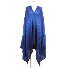 【新品同様】PLEATS PLEASE プリーツプリーズ ケープ カーディガン サイズ表記無し レディース ポリエステル100% ポンチョ アウター ブルー 青 日本製のサムネイル