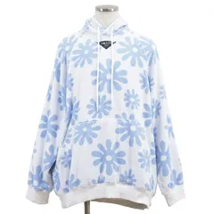 【美品】PRADA プラダ パイル スウェット サイズ M メンズ フローラル カンガルーポケット トライアングルロゴ ロゴプレート フーディー パーカー プルオーバー トップス ホワイト サックスブルー 白 青 イタリア製のサムネイル