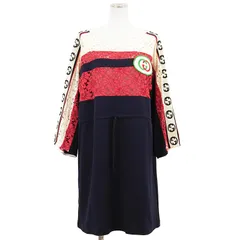 【極美品】GUCCI グッチ ワンピース サイズ L レディース フローラルレース × ジャージー GG インターロッキング ロゴ ドレス ネイビー レッド アイボリー 紺 赤 イタリア製のサムネイル