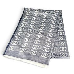 극미품 ▲ CHANEL 샤넬 캐시미어 100% 23P 코코마크 더블 C 대형 프린지 스톨 네이비 화이트 이탈리아제 레이디스