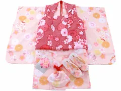 箱なし　七五三 3歳女の子 総柄 着物 8点セット 被布コートセット 橙着物 fk-139のサムネイル