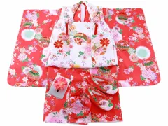 箱なし　七五三 3歳女の子 総柄 着物 8点セット 被布コートセット 赤着物 fk-142のサムネイル