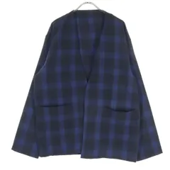 美品 INHERIT インヘリット チェック柄 長袖 ノーカラー ジャケット L ブルー メンズ 古着のサムネイル