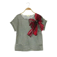 ランバンオンブルー LANVIN en Bleu ボーダーリボンチュールショートスリーブTシャツ カットソー フレンチスリーブ 38 ネイビー ホワイト レッド /DO ■OSのサムネイル