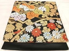 正絹　袋帯　刺繍 正絹 絽刺し 手刺繍 袋帯 黒地 全通柄 美品 - メルカリ
