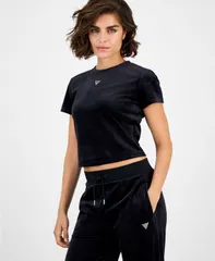 ゲス レディース トップス シャツ Tシャツ 半袖 GUESS Womens Couture ShortSleeve Regular Velour TShirt Jet Black A996 ブラック
