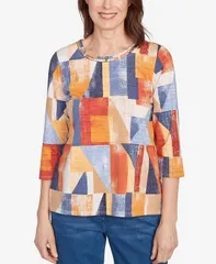 アルフレッド ダナー レディース トップス シャツ クルーネック カラーブロック Alfred Dunner Womens Colorblock Detailed Crew Neck Top Blueのサムネイル