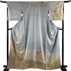 訪問着 身丈163.5cm 裄丈67cm M 袷 雪輪 草花 金糸 金彩 青灰色 正絹 秀品 【中古】のサムネイル