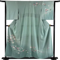 訪問着 身丈155.5cm 裄丈65cm M 袷 枝花 ぼかし 薄緑 正絹 秀品 【中古】のサムネイル