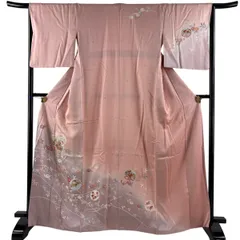 訪問着 身丈166.5cm 裄丈66cm M 袷 雪輪 菊 金彩 染め分け ピンク 正絹 秀品 【中古】のサムネイル