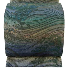 【美品】 袋帯 逸品 佐波理 落款 応挙波頭定 箔 青緑 六通 正絹 【中古】のサムネイル