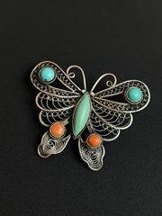 銀線細工 中国七宝 フィリグリー 蝶ブローチ ヴィンテージ SILVER刻印