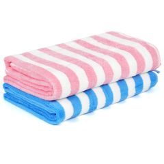 O2frepak 비치 타월 2장 세트 70x140cm 초흡수성 마이크로 화이버 속건 핑크 블루 스트라이프 무늬 특대 풀 타월