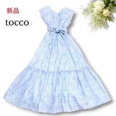 【新品】トッコクローゼット りぼん付きリネンライク フラワープリント スカラップティアードワンピース　水色　ブルー系　春夏　花柄　二次会　tocco