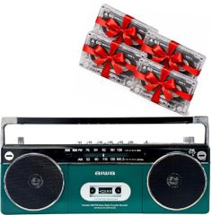라디오 카세 Bluetooth 대응 카세트 테이프 녹음 재생 USB microSD 녹음 대응 AM/FM 와이드 FM 라디오 건전지/AC 전원 레트로 디자인 가로 긴 더블 스피커 RCP2(GN) 아이와 카세트 테이프 4개 첨부 송료 무료