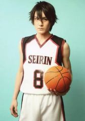 [Used] Photo (Male) Takayuki Matsumoto (Rinnosuke Mitobe) / Knee-up, White costume, Ball in left hand, Light blue background, Character shot / Seirin 1 / Stage "Kuroko's Basketball THE ENCOUNTER" School-specific photo