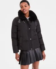 ダナ キャラン ニューヨーク レディース アウター ジャケット・ブルゾン コート DKNY Womens FauxFurCollar ZipFront Puffer Coat Black ブラックのサムネイル