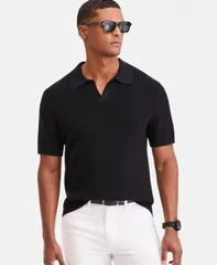 【送料無料】 アルファニ メンズ ニット・セーター アウター Mens Cotton Johnny Collar ShortSleeve Sweater Blackのサムネイル