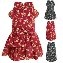 新品 MAMORE 犬服 ペット服 ドレス ワンピース スカート 和風 可愛い 小型犬 中型犬 大型犬 猫 女の子 洋服 金糸花柄 蝶結び ドッグウェア 散歩 誕生日 パーティー 写真 (ドレス・赤 XS)のサムネイル
