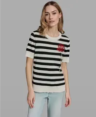 カール ラガーフェルド レディース アウター ニット・セーター クルーネック KARLAGERFELD PARIS Womenstriped Crewneck Sweater WhiteBlack ホのサムネイル