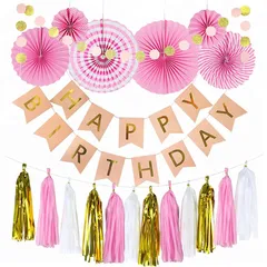 新品 Coollooda 誕生日 ガーランド 誕生日 飾り付け 女の子 飾りつけ 紙花HAPPY BIRTHDAY バナー きらきら タッセルガーランド お祝い日 ースデー パーティー デコレーション 写真撮影背景 インテリア ( ピンク)