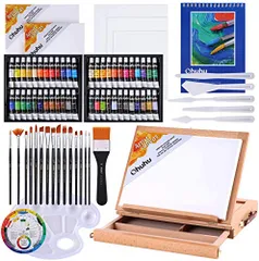 Ohuhu アクリル絵の具 78点セット 画材 絵具 絵画 絵の具セット 白 ? 大人 初心者 男の子 女の子 Acrylic Paint Set 48色 15本筆 1個卓上イーゼル 1本平筆 キャンバス5枚 パレットナイフ5本 1個パレット 1個カラーホｍａのサムネイル