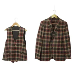 美品 LARDINI ラルディーニ ウール モヘヤ チェック テーラードジャケット ジレベスト セット 46 ベージュ ボルドー ブラウン メンズ 古着 中古 USEDのサムネイル