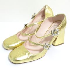 良品 24SS Roger Vivier ロジェヴィヴィエ トレヴィヴィエ ビジュー装飾 チャンキーヒールパンプス 36 23cm相当 ゴールドカラー レディース 古着 中古 USED