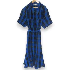 美品 21AW STELLA McCARTNEY ステラマッカートニー チェック柄 半袖 ベルテッド フレアシャツワンピース 36 ブルー×ブラック レディース 古着 中古 USEDのサムネイル