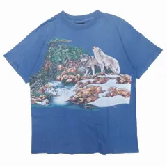 良品 HABITAT ハビタット 90s 90年代 アニマル 狼 プリント Tシャツ カットソー 半袖 クルーネック USA製 vintage L 青 メンズ 古着 中古 USEDのサムネイル