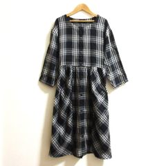 美品　エムズグレイシー　七分袖ワンピース　ウール　チェック　ネイビーオレンジ M'S GRACY エムズグレイシー チェック ウール 七分袖 ワンピース 38