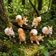 【新品未使用・6体セット】ふわふわしっぽのリスたち ミニチュアフィギュア  テラリウム 苔テラリウム ジオラマ 動物 リス 置物 インテリア 飾り