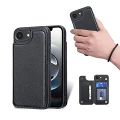 for iPhone 17E / iPhone 16E ケース スタンド機能 ICカード収納 カード収納 シンプルなレトロなファッション、防水と防汚、多機能財布収納（黒）のサムネイル