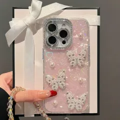 iPhone 16Pro 用 ケース キラキラ 蝶々 パール 立体 韓国 かわいい 半クリア ゴージャス 綺麗 人気スマホケース レディース バタフライ オシャレ シンプル 光沢カバー 派手のサムネイル