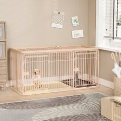 Petnniko 犬 ケージ 犬 ゲージ 幅146×奥行68×高さ70cm 小中大型犬用 屋根付き 犬ゲージ ペットケージ 犬サークル ペットサークル 木製 室内 トイレ付き マット トイレトレーニング出来る 仕切 組立簡単 掃除しやすい (ピンク＋ベージュ)のサムネイル