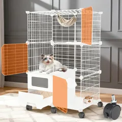NODIBRO 猫 ケージ 2段 トイレ付き キャスター付き 猫用ケージ トイレ一体型 防臭 飛散軽減 キャットフェンス 多頭飼い 引き出し 組立簡単 掃除しやすい コンパクト 脱走防止 保護用 室内用 取り外し可能な 快適なスペース おしゃれ 約幅71x奥行のサムネイル