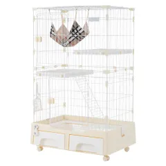 OSJ 猫 ケージ キャットケージ 2段 猫トイレ付 キャスター付 ハンモック付 猫ゲージ おしゃれ キャットハウス ネコ ハウス 多段 留守番 保護 脱走防止 多頭飼い 多頭 スチール ペットケージ クリームイエローのサムネイル