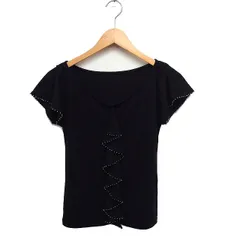 プライベートレーベル Private label Vネック フレンチスリーブ カットソー Tシャツ ドレープ ビーズ装飾 無地 M ブラック 黒 /FT38のサムネイル