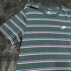 ★【USED】USA古着 NIKE ボーダーTシャツ M グリーン ピンク ブルー 刺繍ロゴ ワンポイント 半袖 コットン100% メンズ ストリート カジュアル スケーター アメカジ サーフ スポーツ US古着 ナイキ マルチボーダー クルーネック 人気のサムネイル
