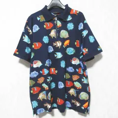 美品 LEONARD HOMME レオナールオム フィッシュプリント ショートスリーブ ジップポロシャツ カットソー L ネイビー メンズ 古着 中古 USEDのサムネイル