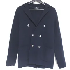 美品 LANVIN COLLECTION ランバンコレクション シェルボタン ダブルブレスト ウールシルク ニット テーラードジャケット 48 ネイビー メンズ 古着 中古 USEDのサムネイル